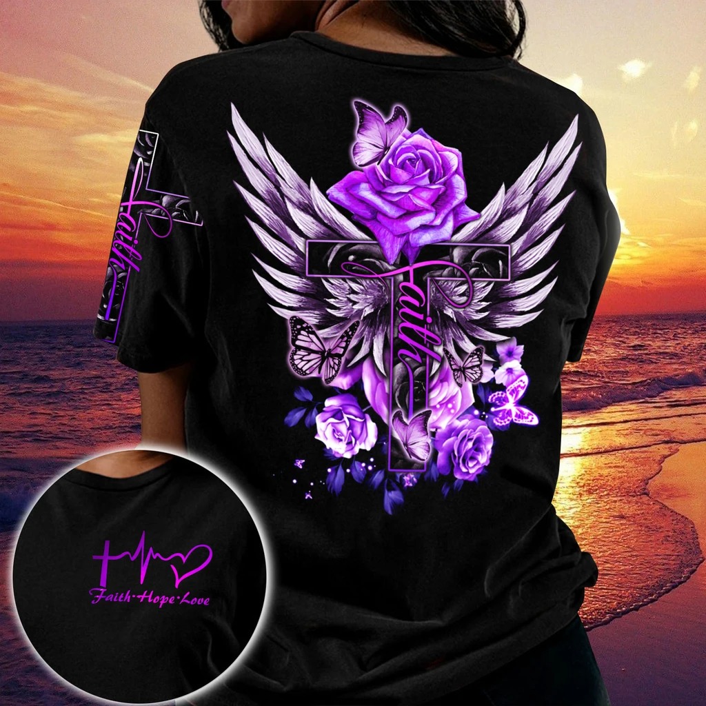 Cross purple rose butterfly faith 3D hoodie
