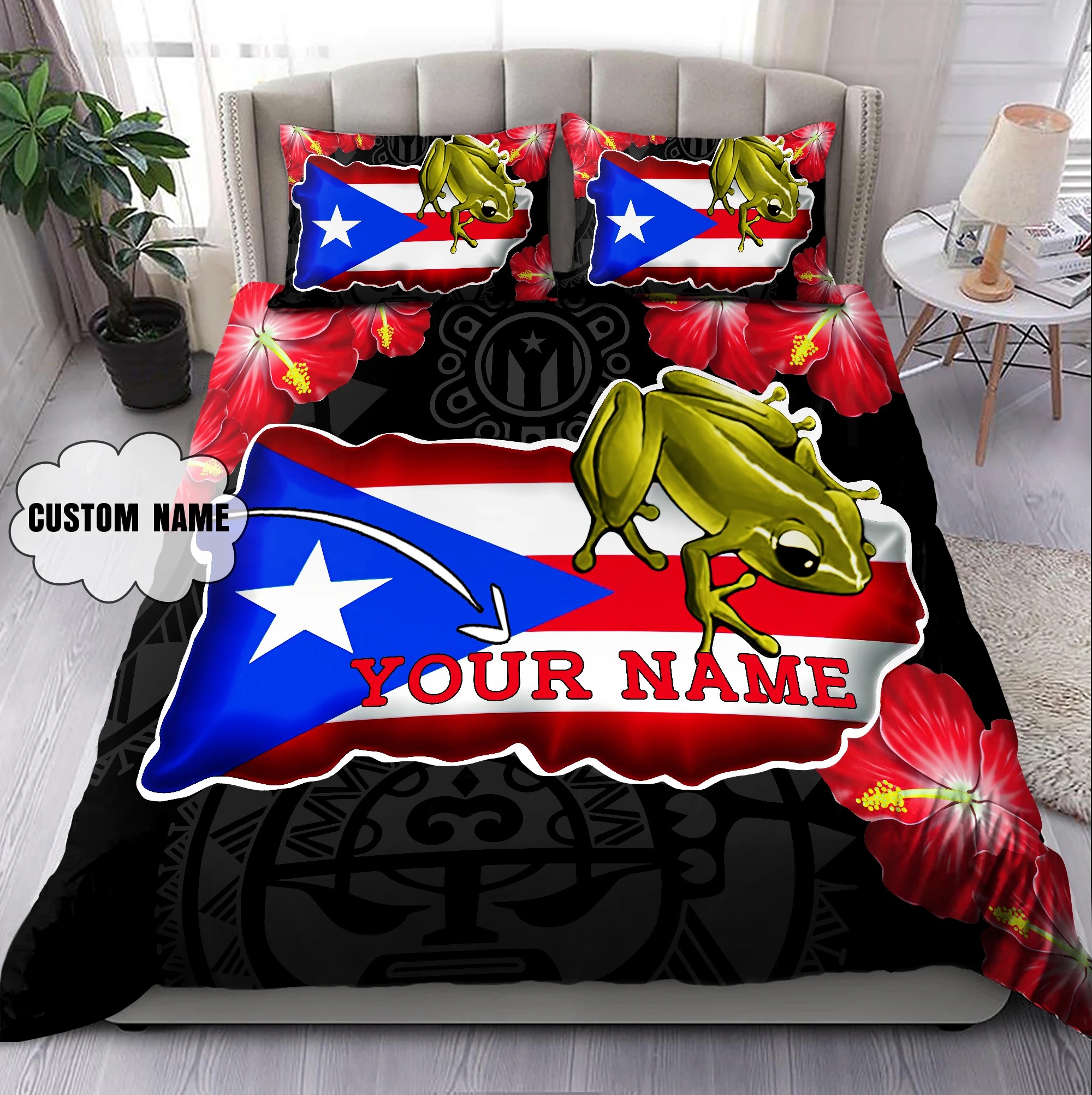 Frog Coqui and love puerto Rico custom name bedding set