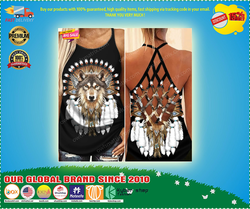 Native American wolf Criss cross Strappy tank top3