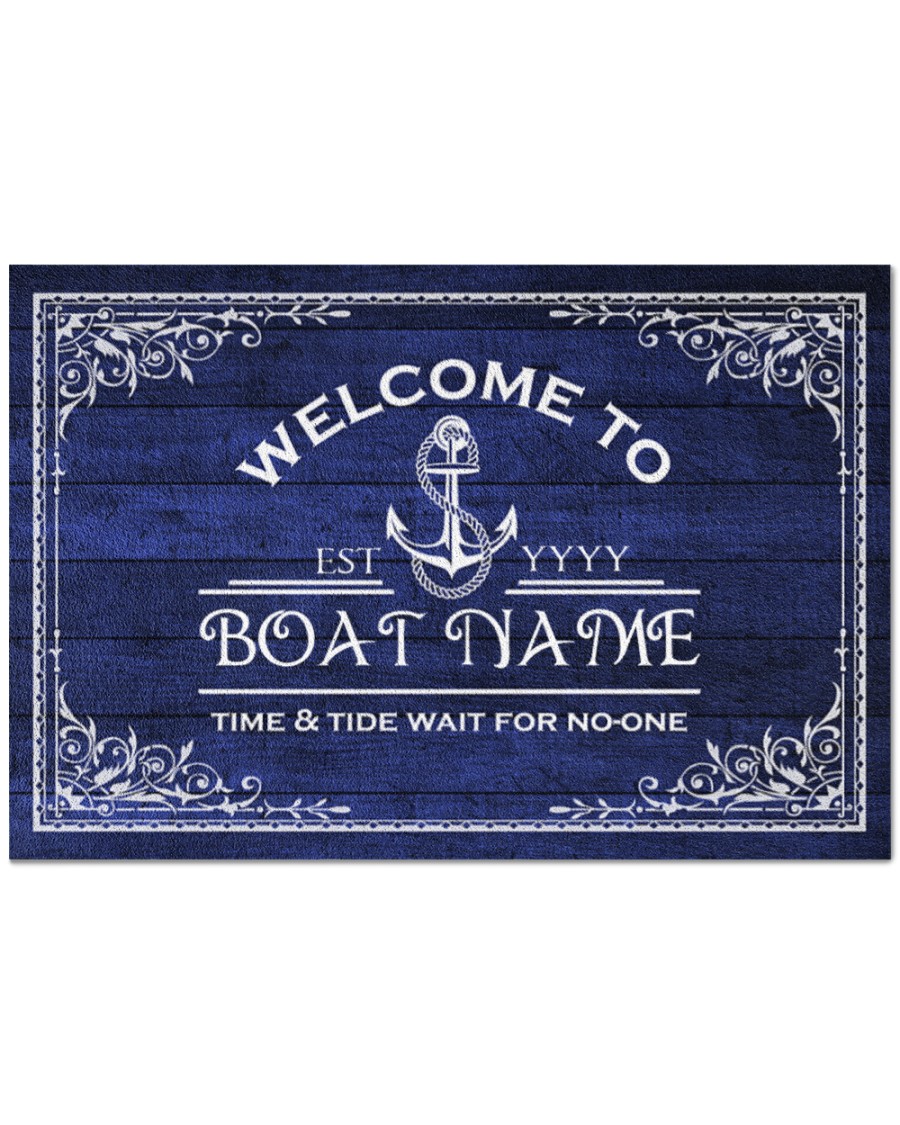 Welcome to time and tide wait for no one boat custom name doormat