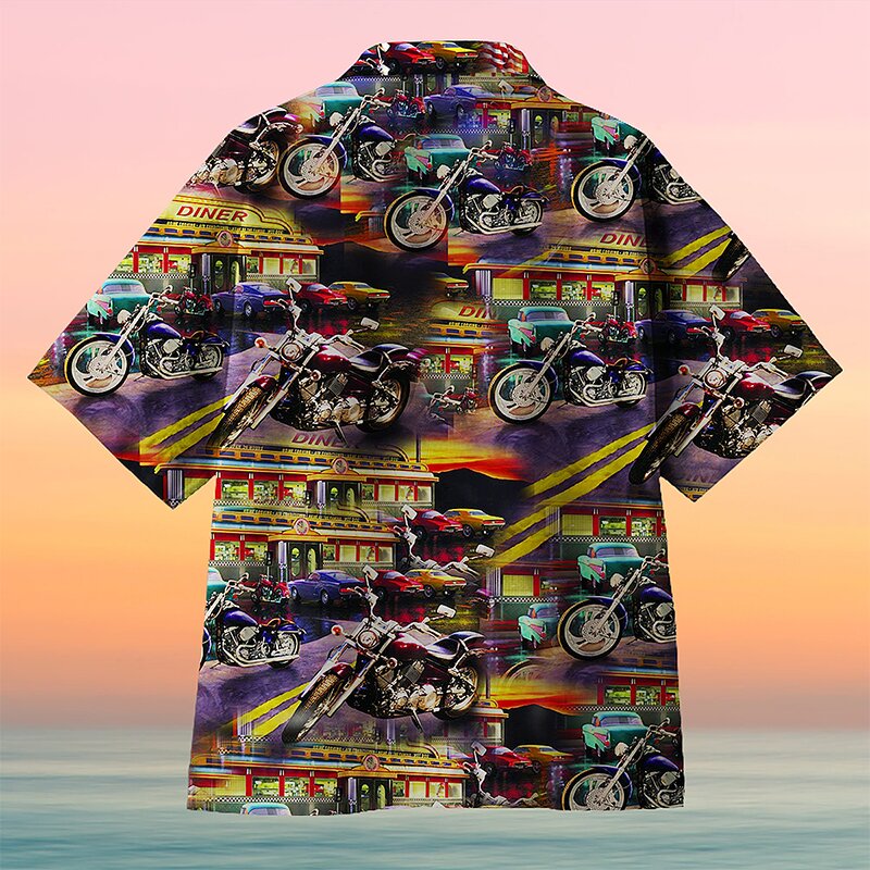 Motorcycle on Route Waiting for Dinner Unisex Hawaiian Shirt 2