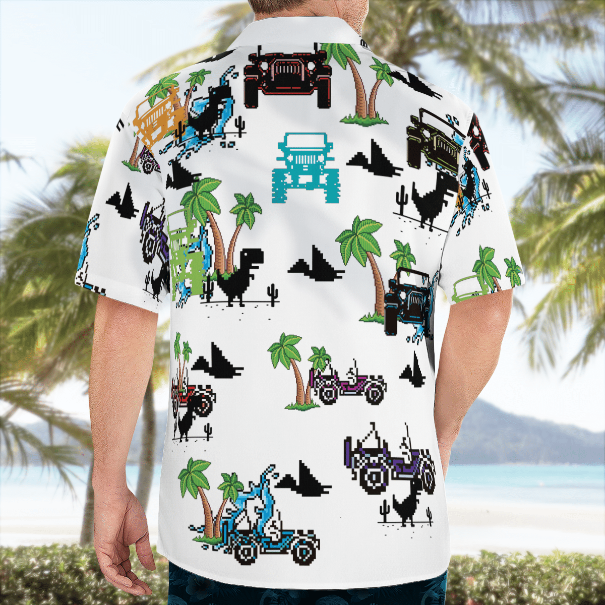 Dinosaurs and jeep in the beach Hawaiian shirt 1