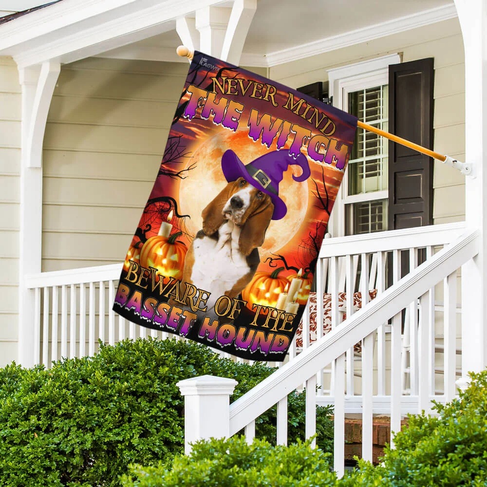 Never mind the witch beware of the basset hound Halloween flag 5