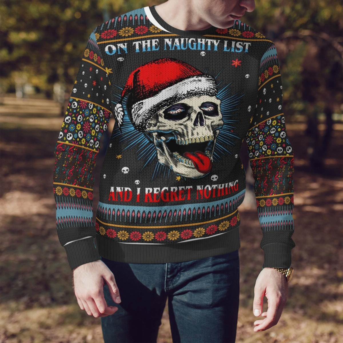 NEW Oh the naughty list and i regret nothing skull christmas sweater, Hoodie 3