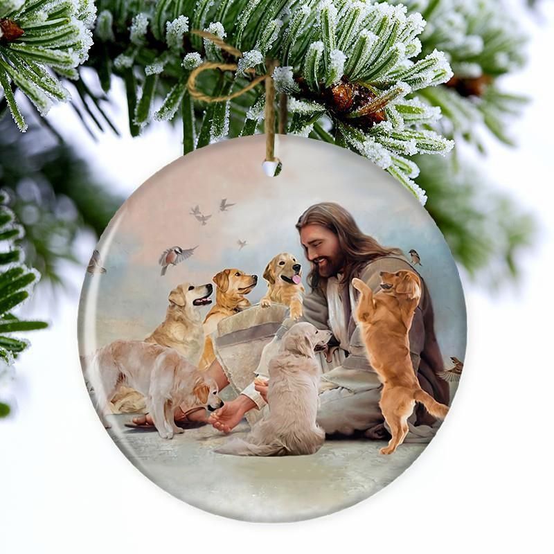 HOT Jesus Surrounded By Golden Retrievers Christmas ornament 3