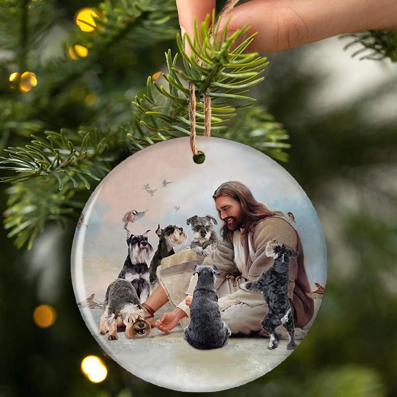 LIMITED Jesus Surrounded By Schnauzers Christmas ornament 3
