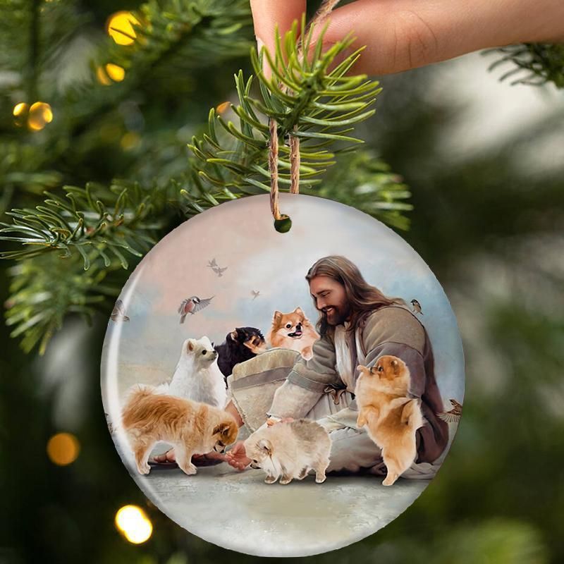 LIMITED Jesus Surrounded By Rat Terriers Christmas ornament 3
