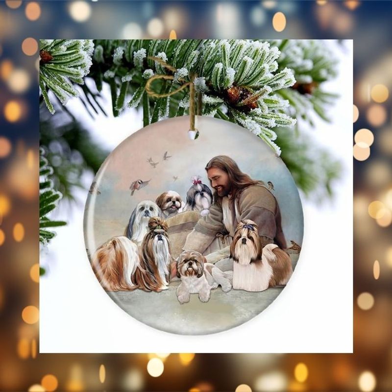 NEW Jesus Surrounded By Shih Tzus Christmas ornament 1