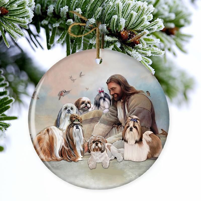 NEW Jesus Surrounded By Shih Tzus Christmas ornament 3