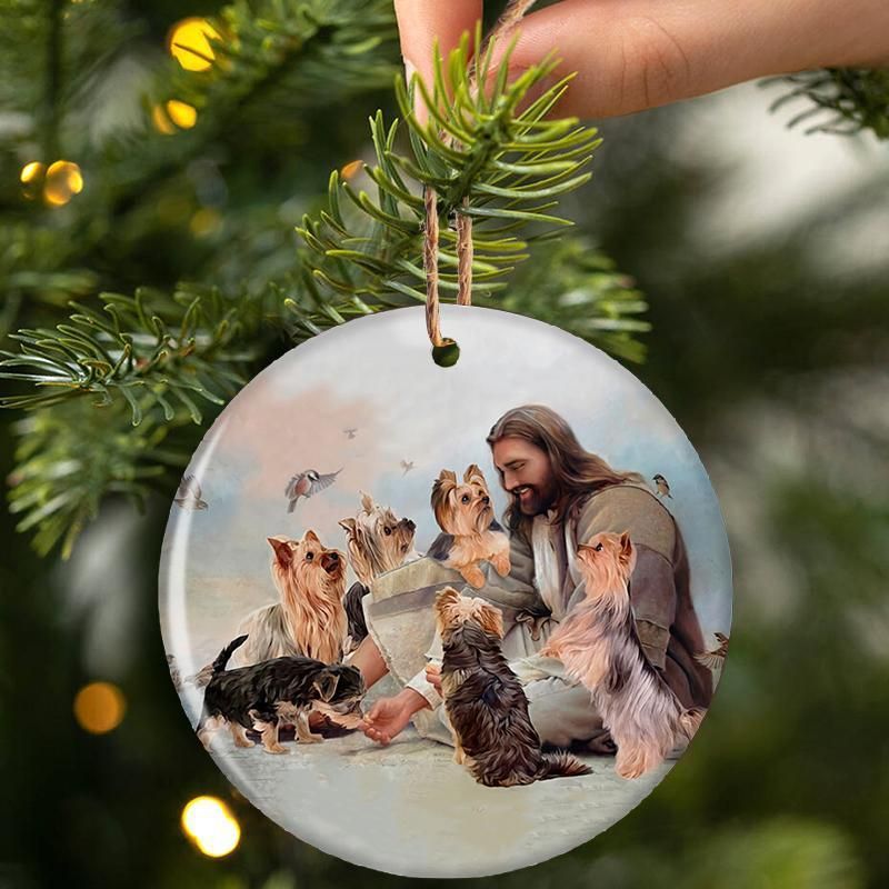 BEST Jesus Surrounded By Yorkshire Terriers Christmas ornament 2