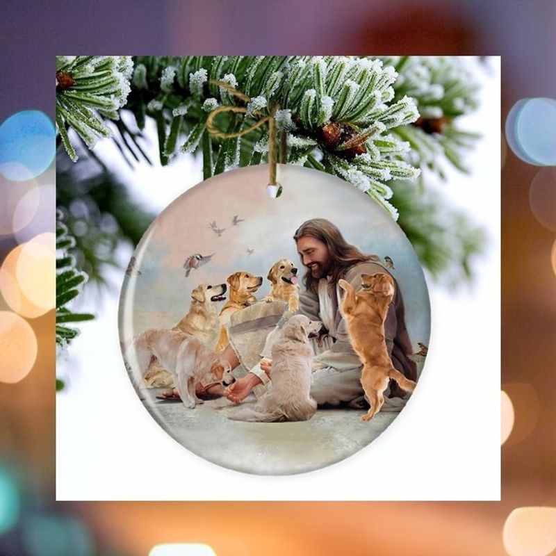 HOT Jesus Surrounded By Golden Retrievers Christmas ornament 1