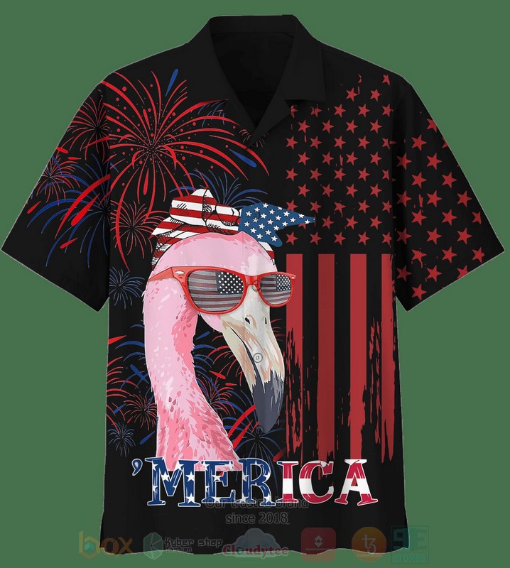 Flamingo_Merica_US_Flag_Black_Hawaiian_Shirt