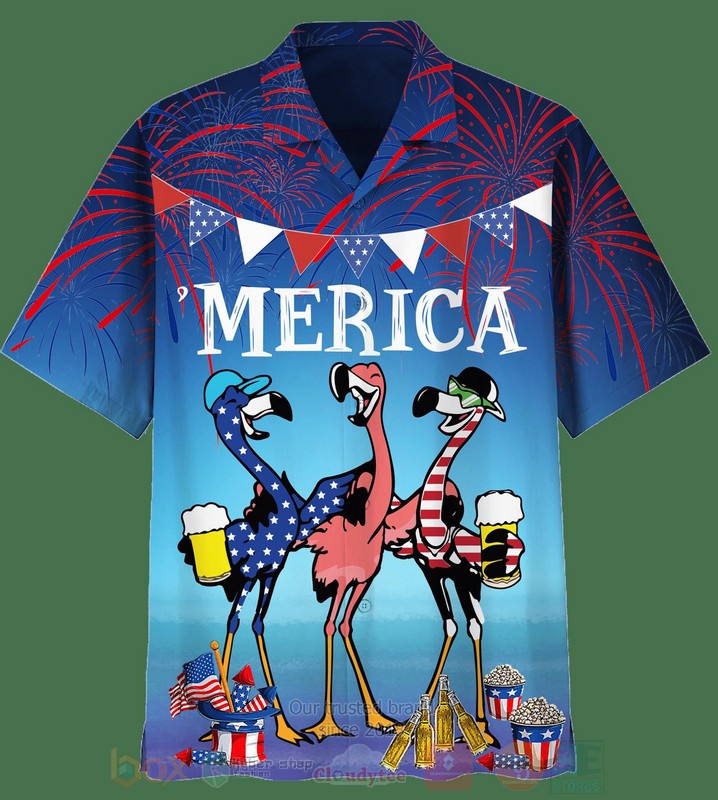 Merica_US_Flag_Flamingos_Drinks_Beer_Hawaiian_Shirt