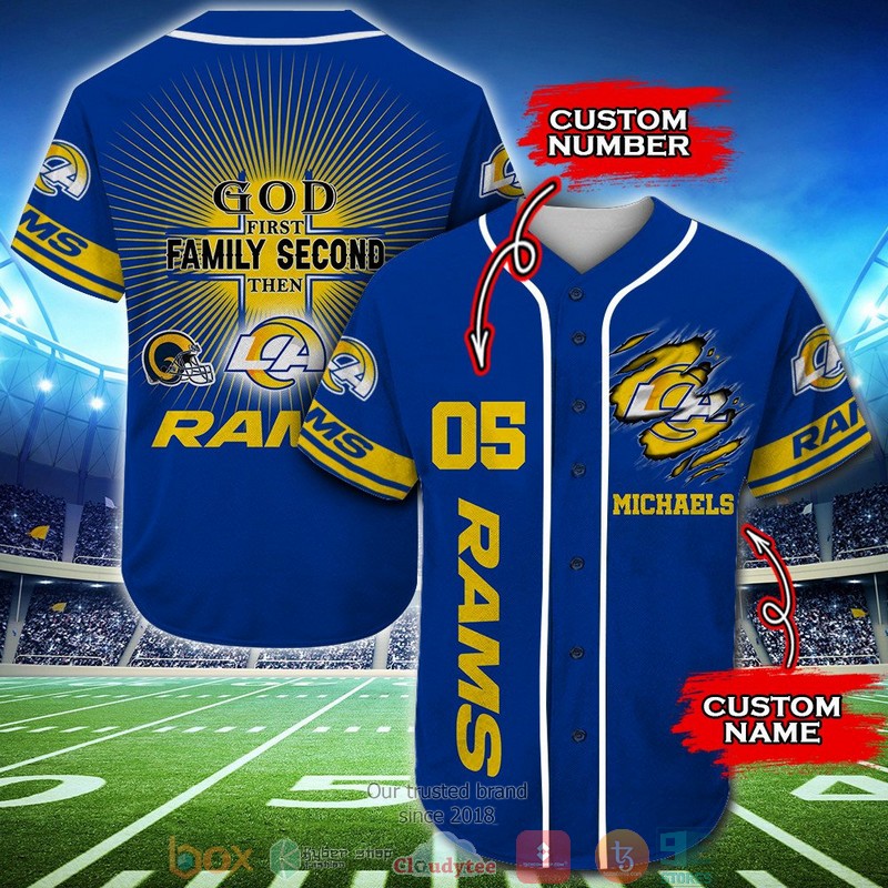 Personalized_Los_Angeles_Rams_NFL_God_First_Family_Second_then_Baseball_Jersey_Shirt