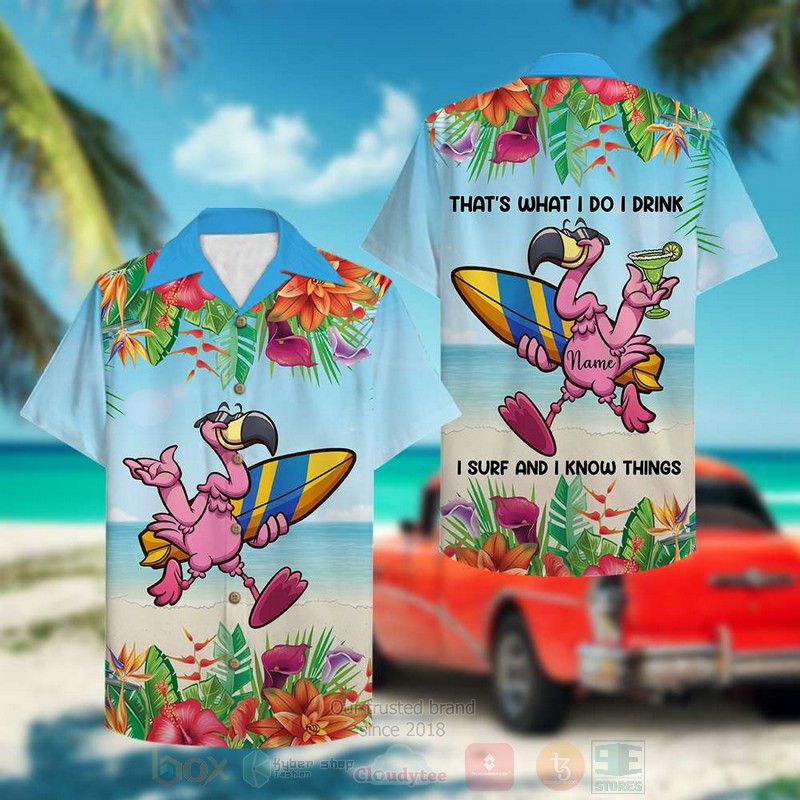 Surfing_Flamingo_I_drink_I_surf_and_I_know_things_Custom_Name_Hawaiian_Shirt_1