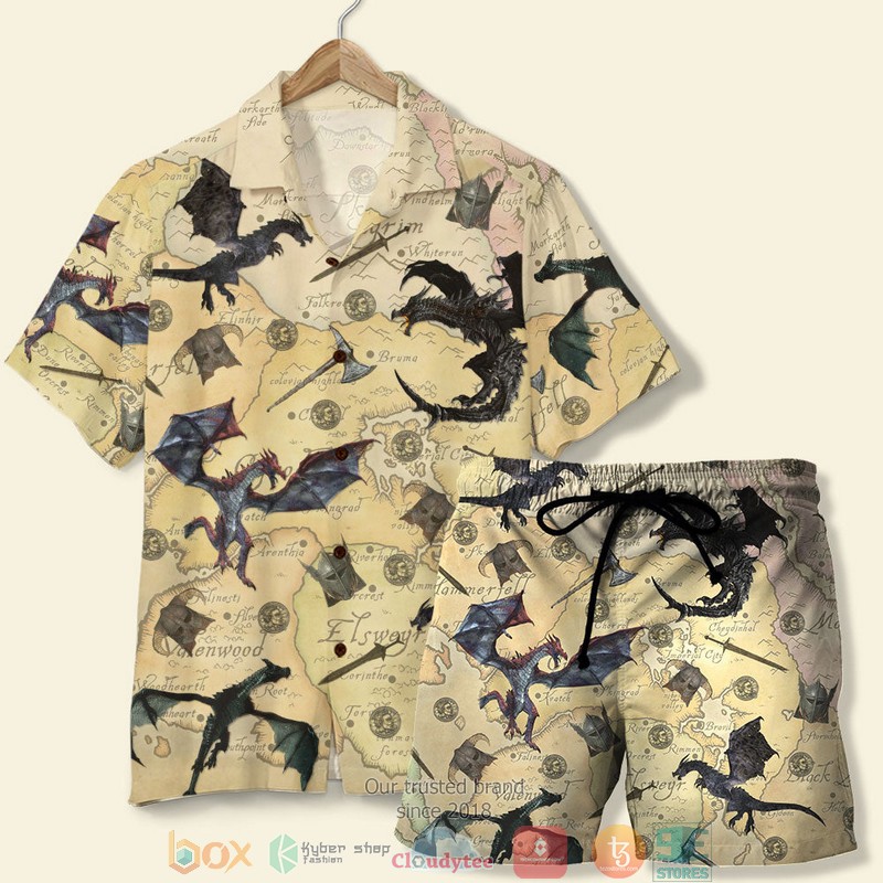 T.E.S._Game_and_Shorts_Skyrim_The_Game_with_Dragons_and_Old_Tamriel_Map_Pattern_Hawaiian_Shirt_Short