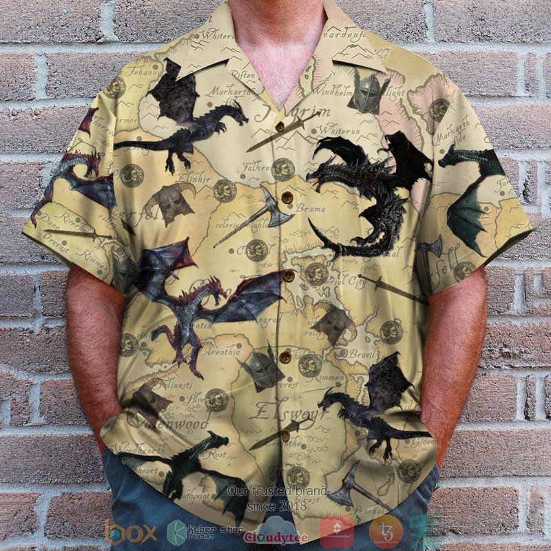 T.E.S._Game_and_Shorts_Skyrim_The_Game_with_Dragons_and_Old_Tamriel_Map_Pattern_Hawaiian_Shirt_Short_1_2_3