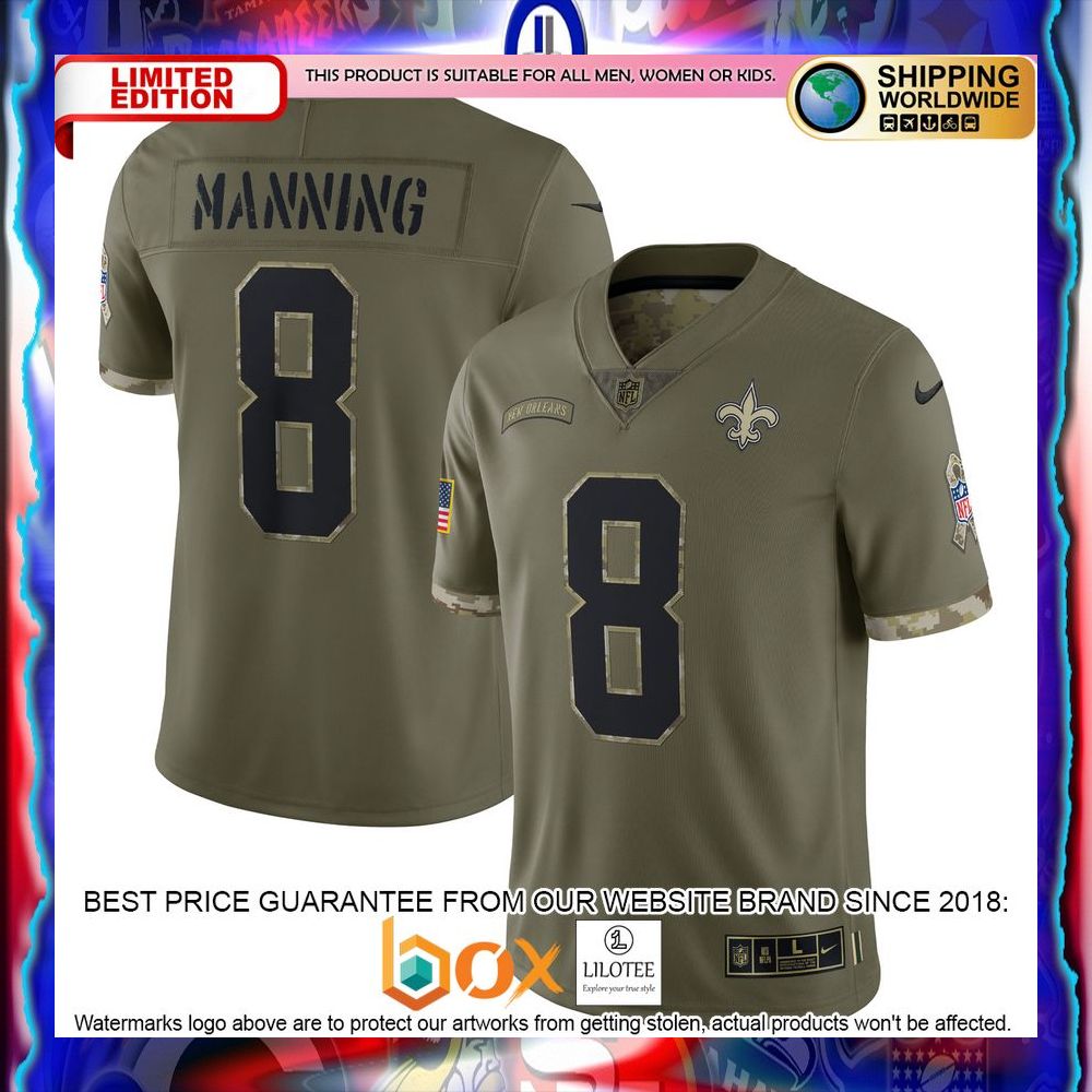NEW Archie Manning New Orleans Saints 2022 Salute To Service Retired Olive Football Jersey 8