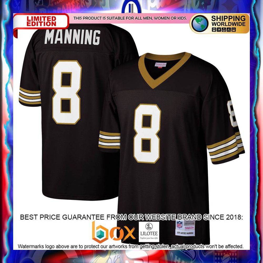 NEW Archie Manning New Orleans Saints Mitchell & Ness Legacy Replica Black Football Jersey 15