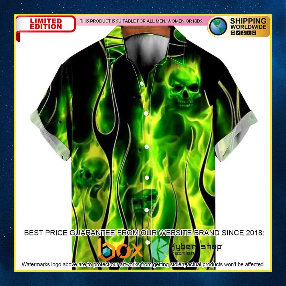 NEW Casual Green Flame Skull 3D Hawaii Shirt 5