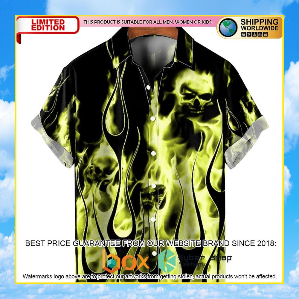 NEW Casual Green Flame Skull 3D Hawaii Shirt 11