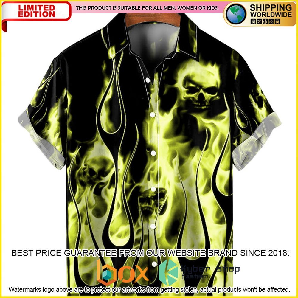 NEW Casual Green Flame Skull 3D Hawaii Shirt 3