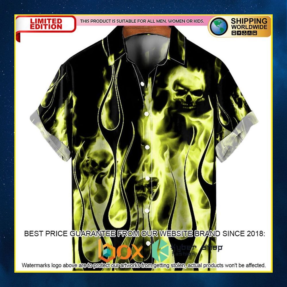 NEW Casual Green Flame Skull 3D Hawaii Shirt 7