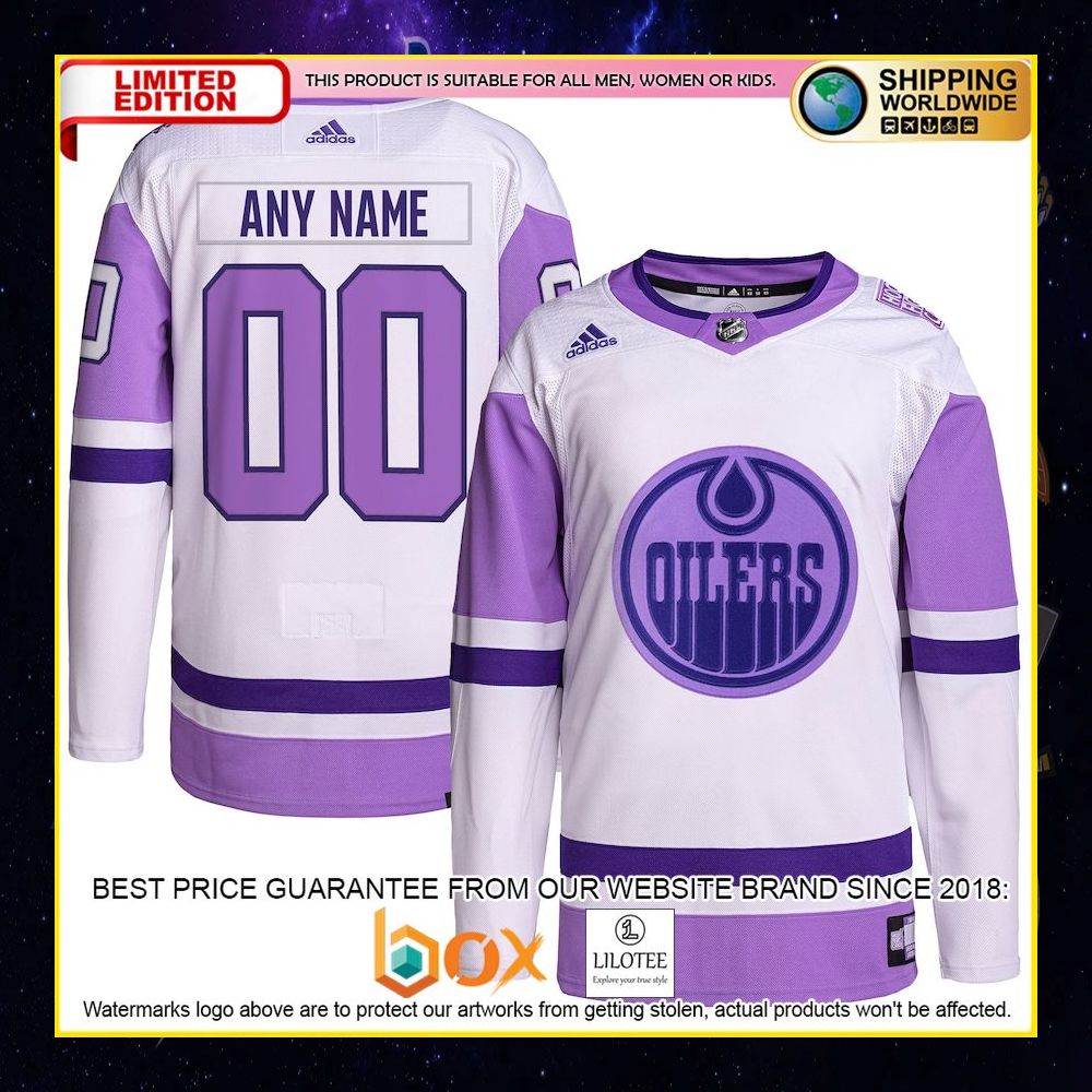 NEW Edmonton Oilers Adidas Fights Cancer Custom White Purple Premium Hockey Jersey 4