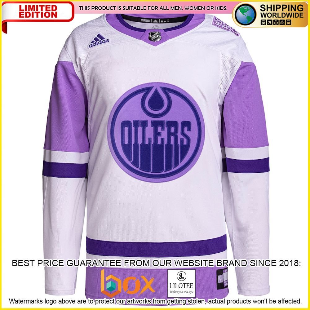 NEW Edmonton Oilers Adidas Fights Cancer Custom White Purple Premium Hockey Jersey 2