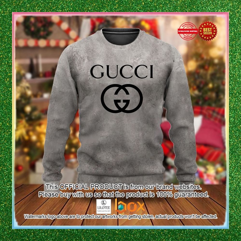 BEST Gucci Black Logo Grey Christmas Sweater 1
