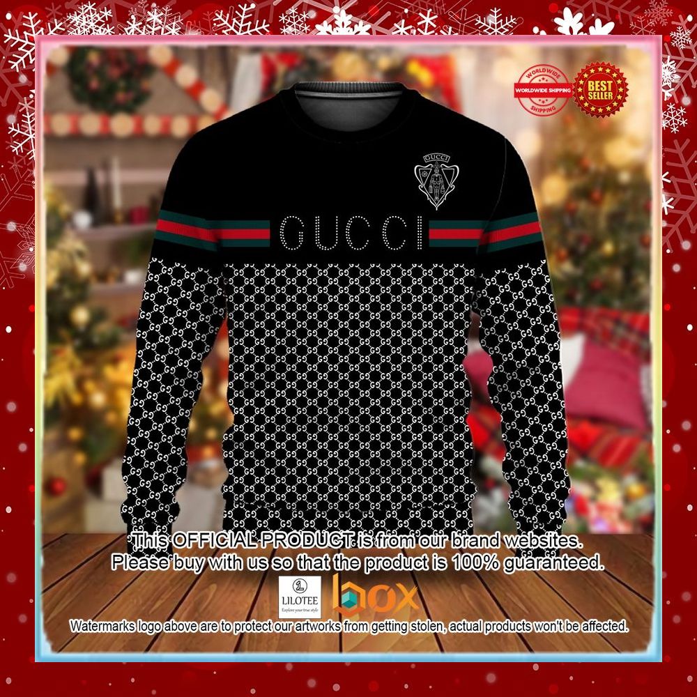 BEST Gucci Green line Black Christmas Sweater 3