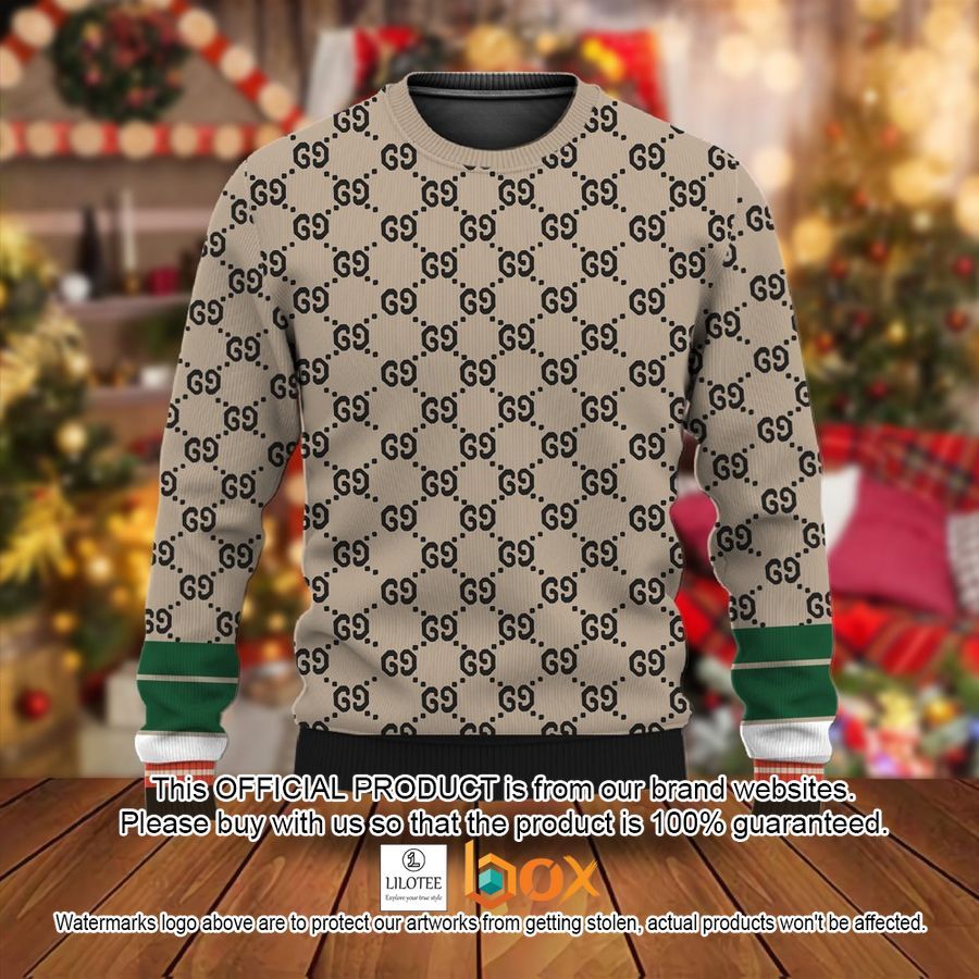 BEST Gucci Green Line Sleeve Brown Christmas Sweater 2