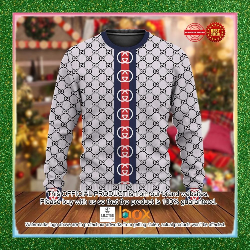 BEST Gucci Red Navy Line White Christmas Sweater 1