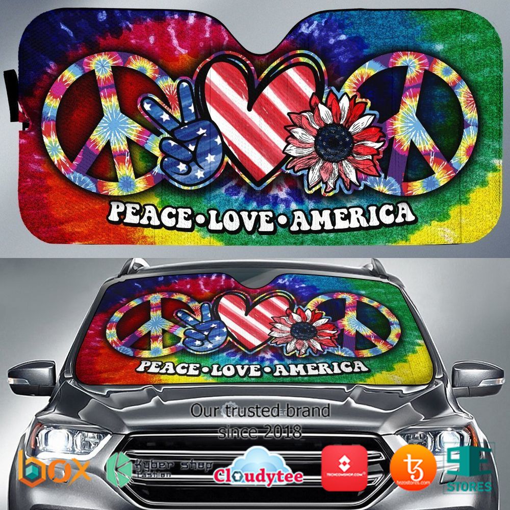 Hippie Sunflower Tie Dye Peace Love America Car Sunshade 1