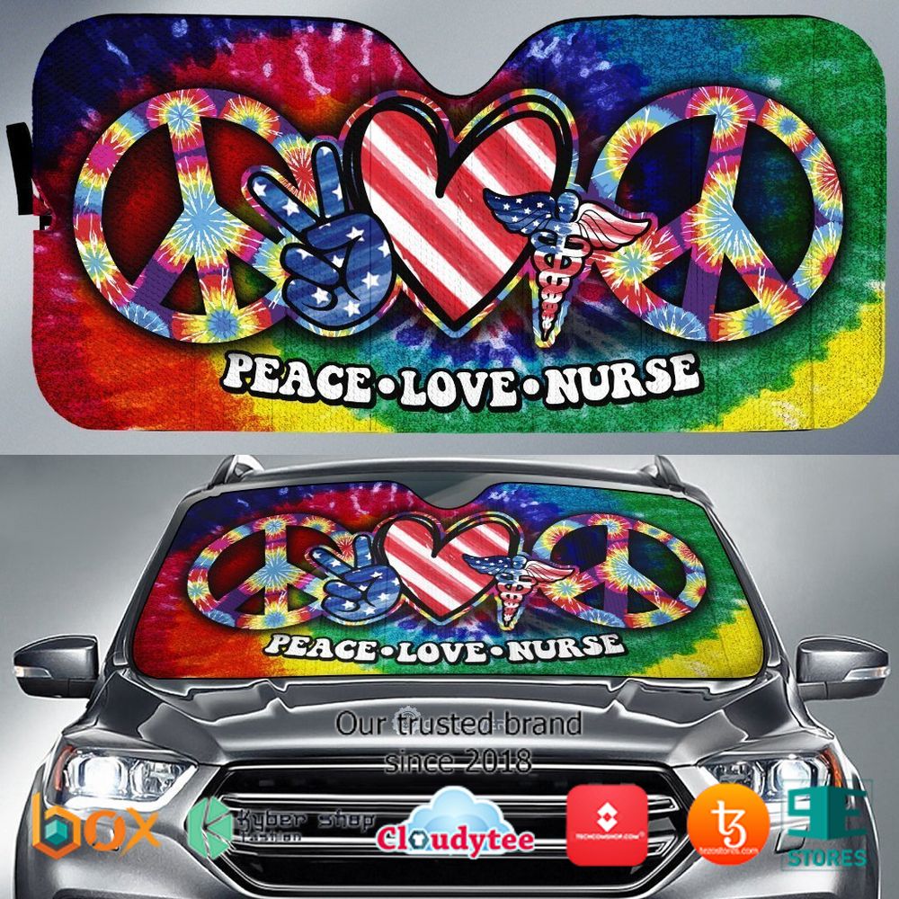 Hippie Tie Dye Peace Love Nurse US Flag Car Sunshade 1