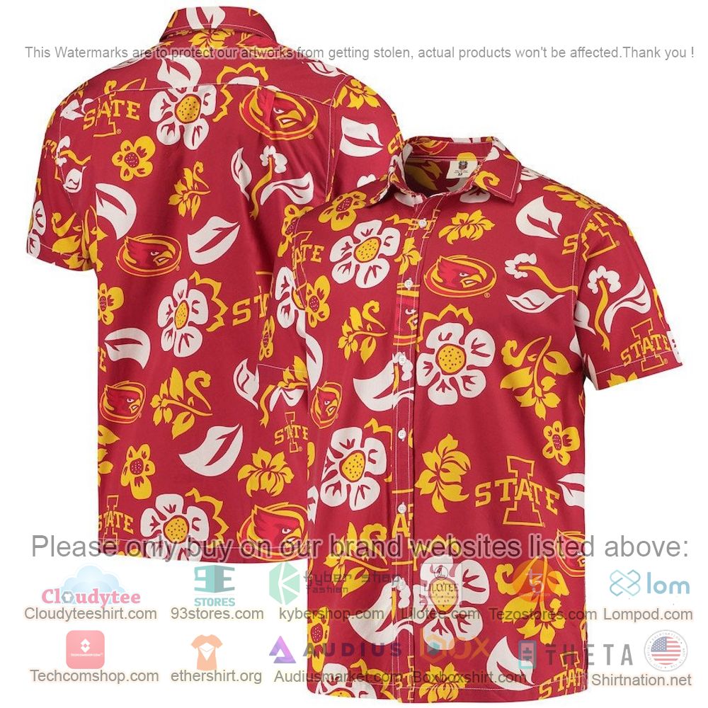 HOT Iowa State Cyclones Cardinal Red Floral Button-Up Hawaii Shirt 1