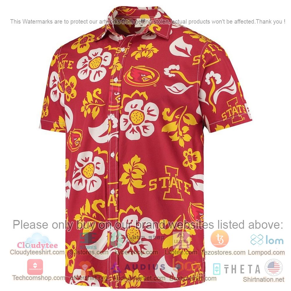 HOT Iowa State Cyclones Cardinal Red Floral Button-Up Hawaii Shirt 2