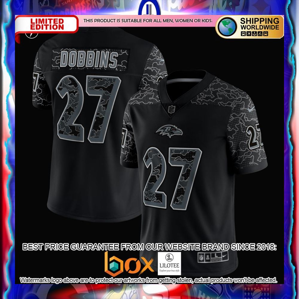 NEW J.K. Dobbins Baltimore Ravens RFLCTV Black Football Jersey 22