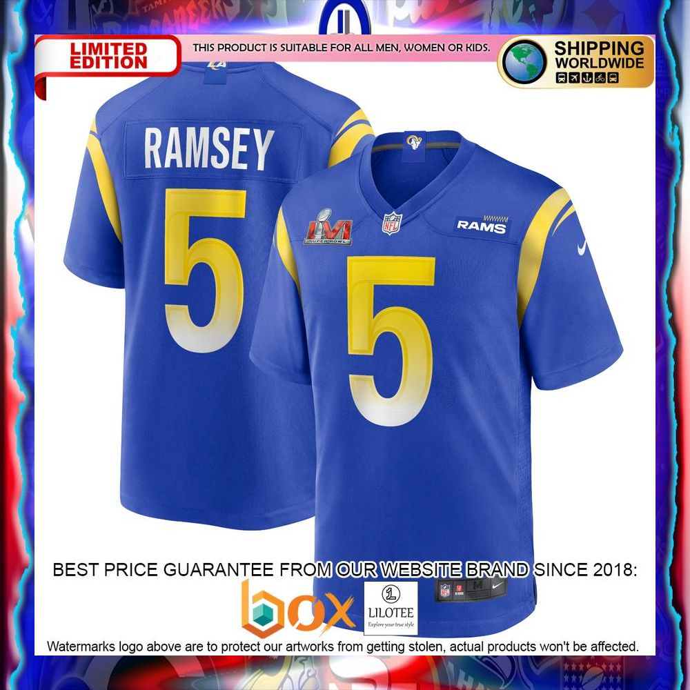 NEW Jalen Ramsey Los Angeles Rams Super Bowl LVI Football Patch Royal Football Jersey 5