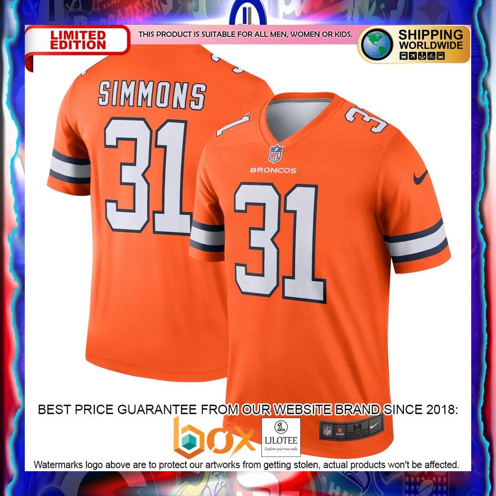 NEW Justin Simmons Denver Broncos Alternate Legend Orange Football Jersey 5