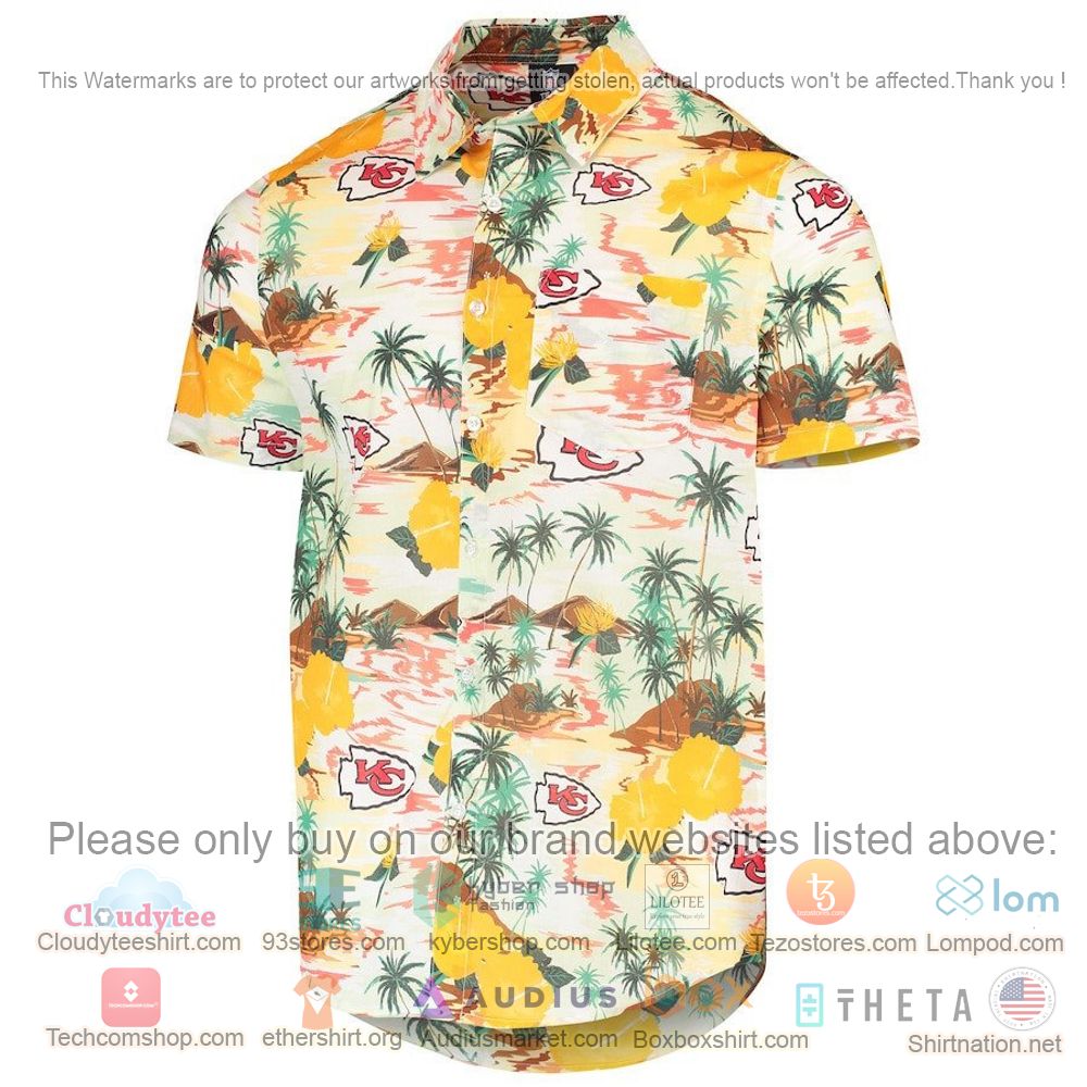 HOT Kansas City Chiefs Cream Floral Button-Up Hawaii Shirt 2