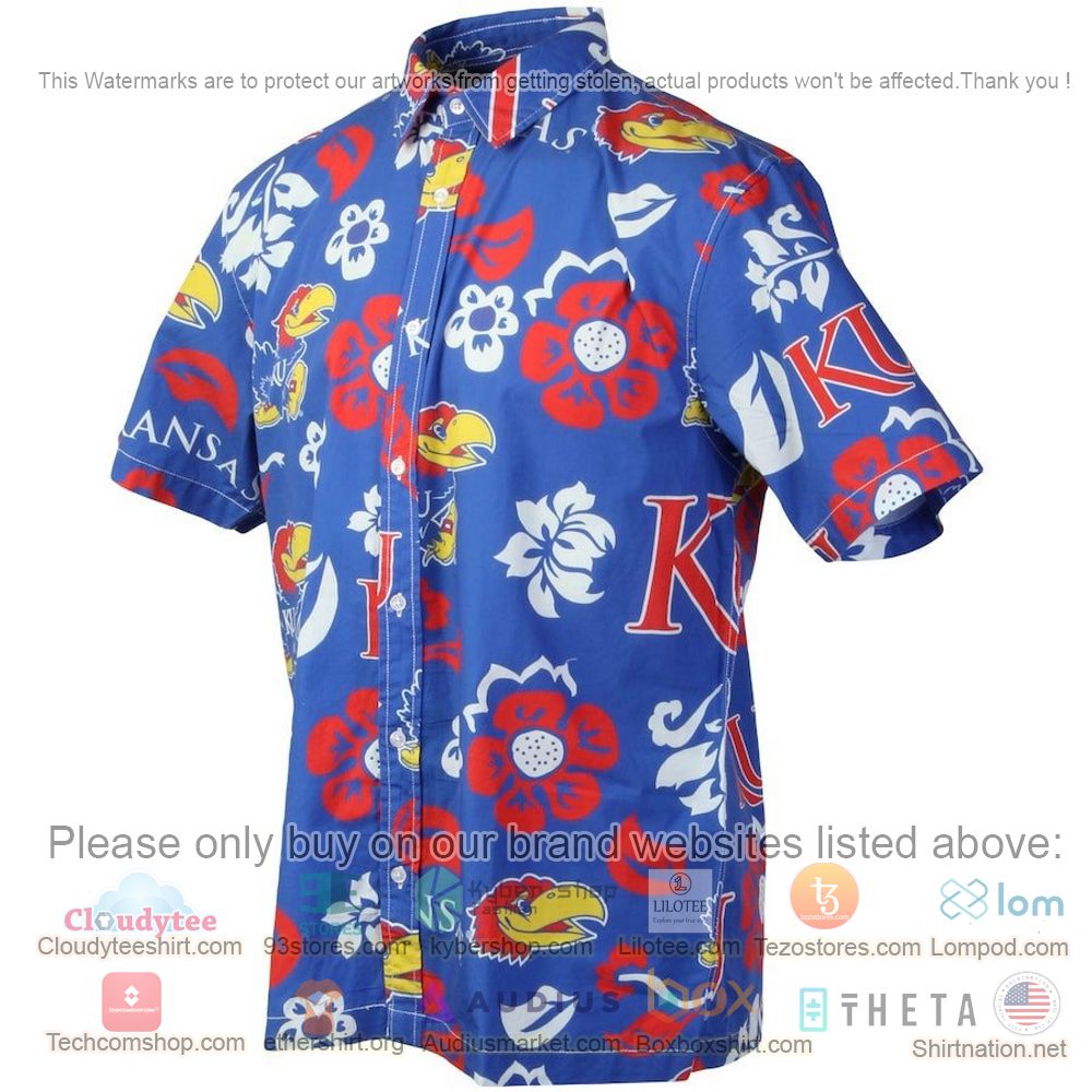 HOT Kansas Jayhawks Royal Floral Button-Up Hawaii Shirt 2