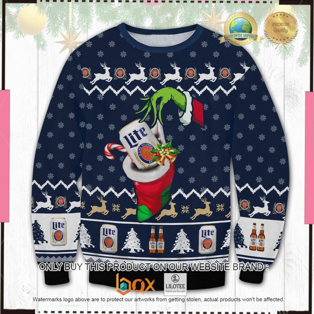 HOT Lite Beer the Grinch Hand Christmas Sweater 1