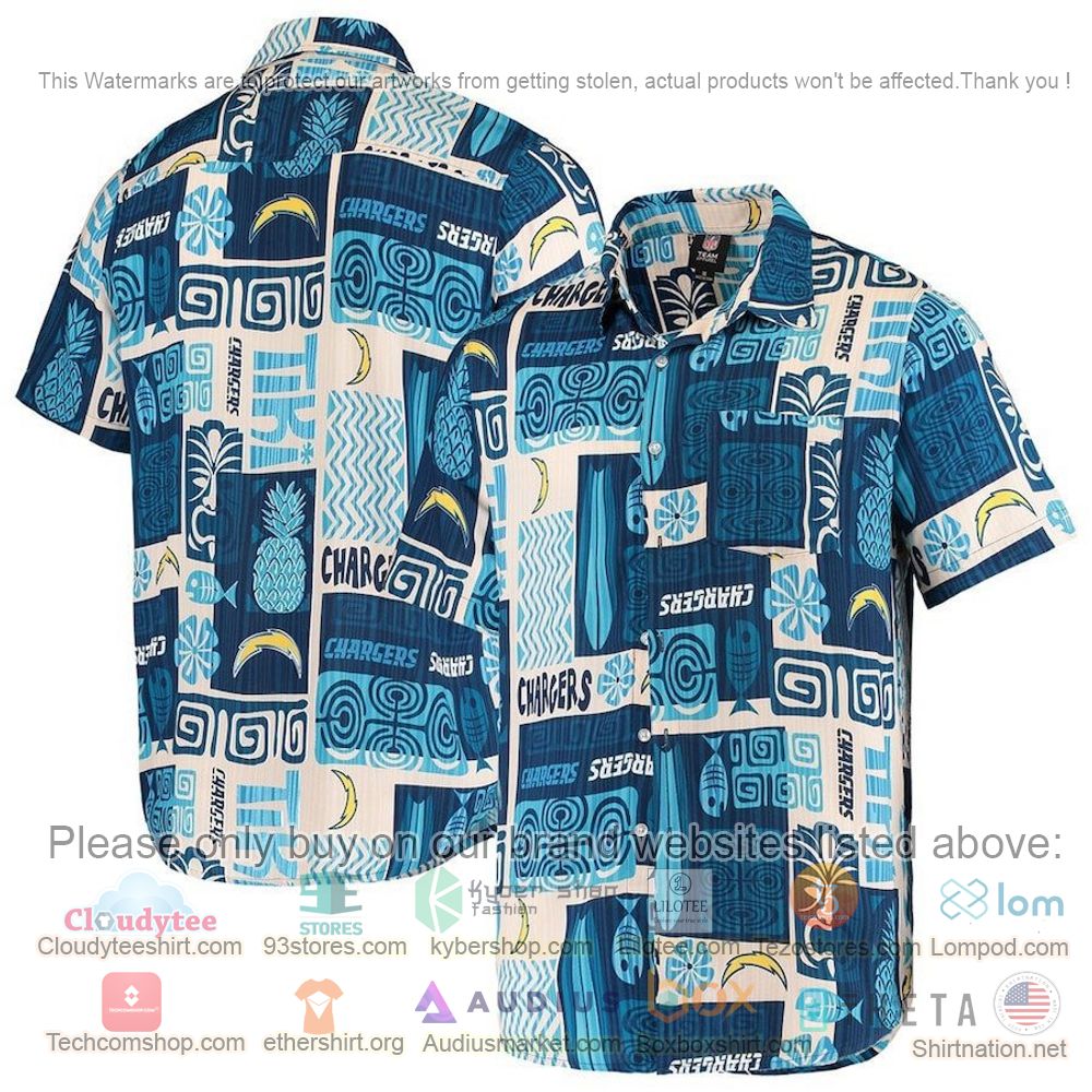 HOT Los Angeles Chargers Navy-Tan Tiki Floral Button-Up Hawaii Shirt 1