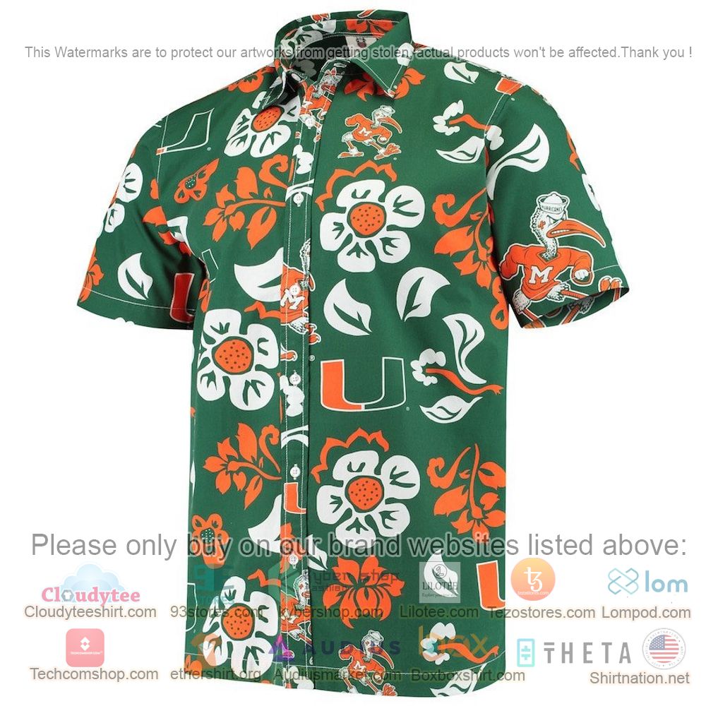 HOT Miami Hurricanes Green Team Floral Button-Up Hawaii Shirt 2