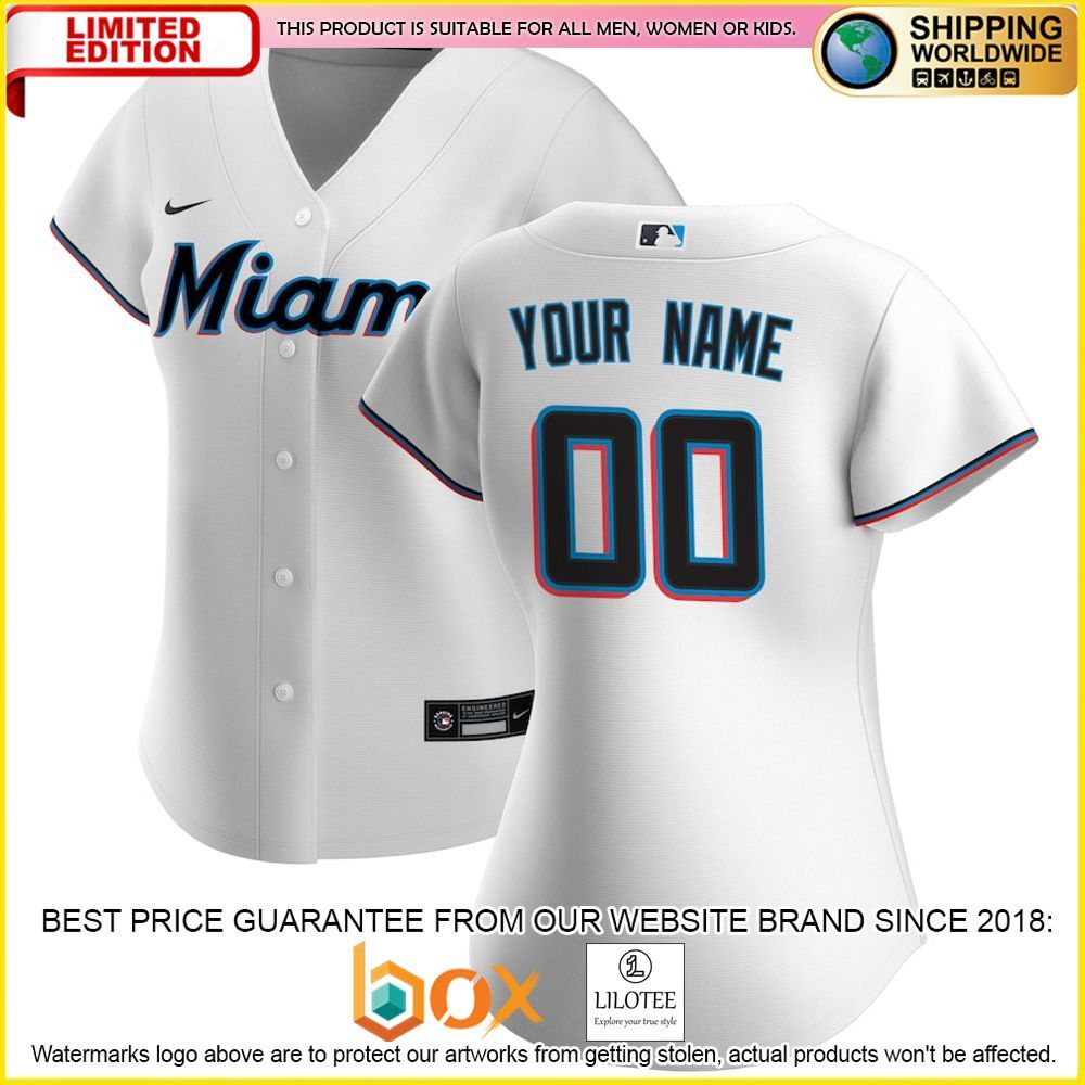 HOT Miami Marlins Women's Custom Name Number White Baseball Jersey Shirt 1