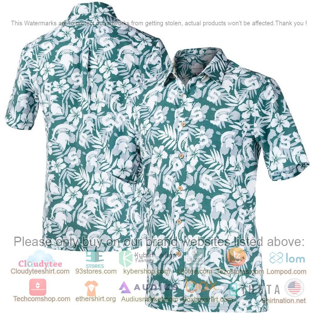 HOT Michigan State Spartans Green White Floral Button-Up Hawaii Shirt 1
