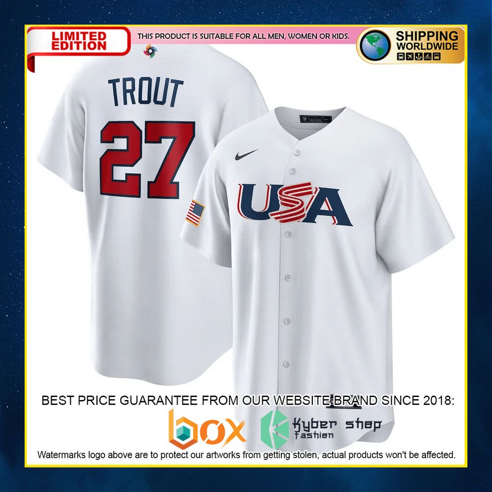 NEW Mike Trout 27 USA White Premium Baseball Jersey 5