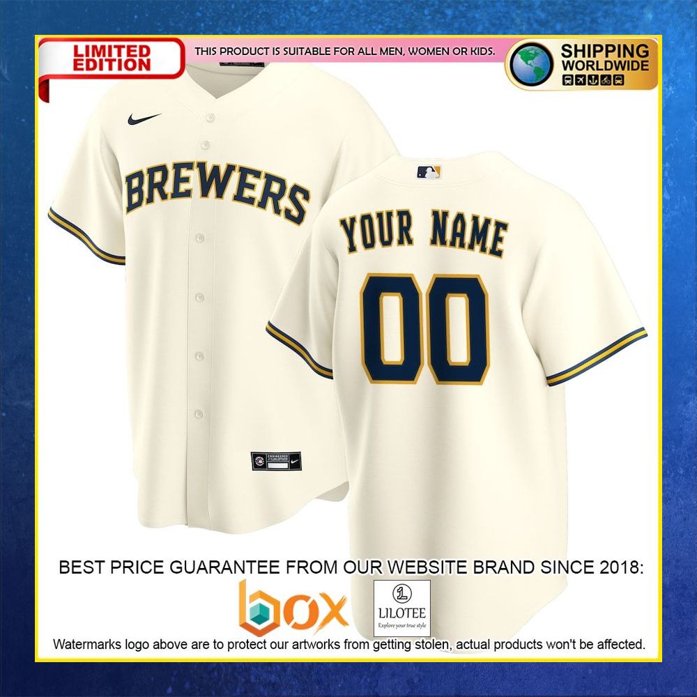 HOT Milwaukee Brewers Team Custom Name Number Cream Baseball Jersey Shirt 4