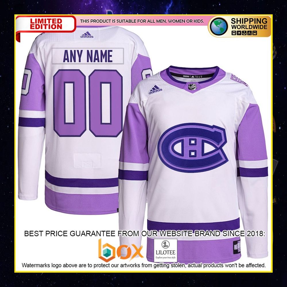 NEW Montreal Canadiens Adidas Fights Cancer Custom White Purple Premium Hockey Jersey 4